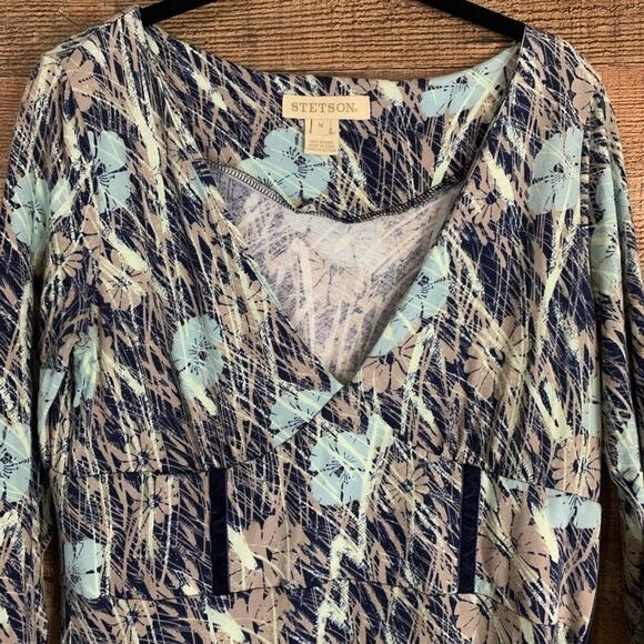 Stetson Cropped Sleeve Floral V-Neck Dress Blue Gray Size Medium - Picture 3 of 9